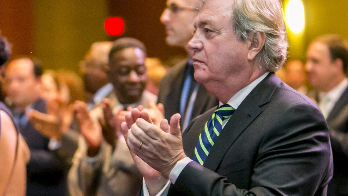 Former South Carolina Democratic Party Chairman Dick Harpootlian applauds during the South Carolina Democratic Party 2015 Dem Weekend at the Columbia Convention Center.