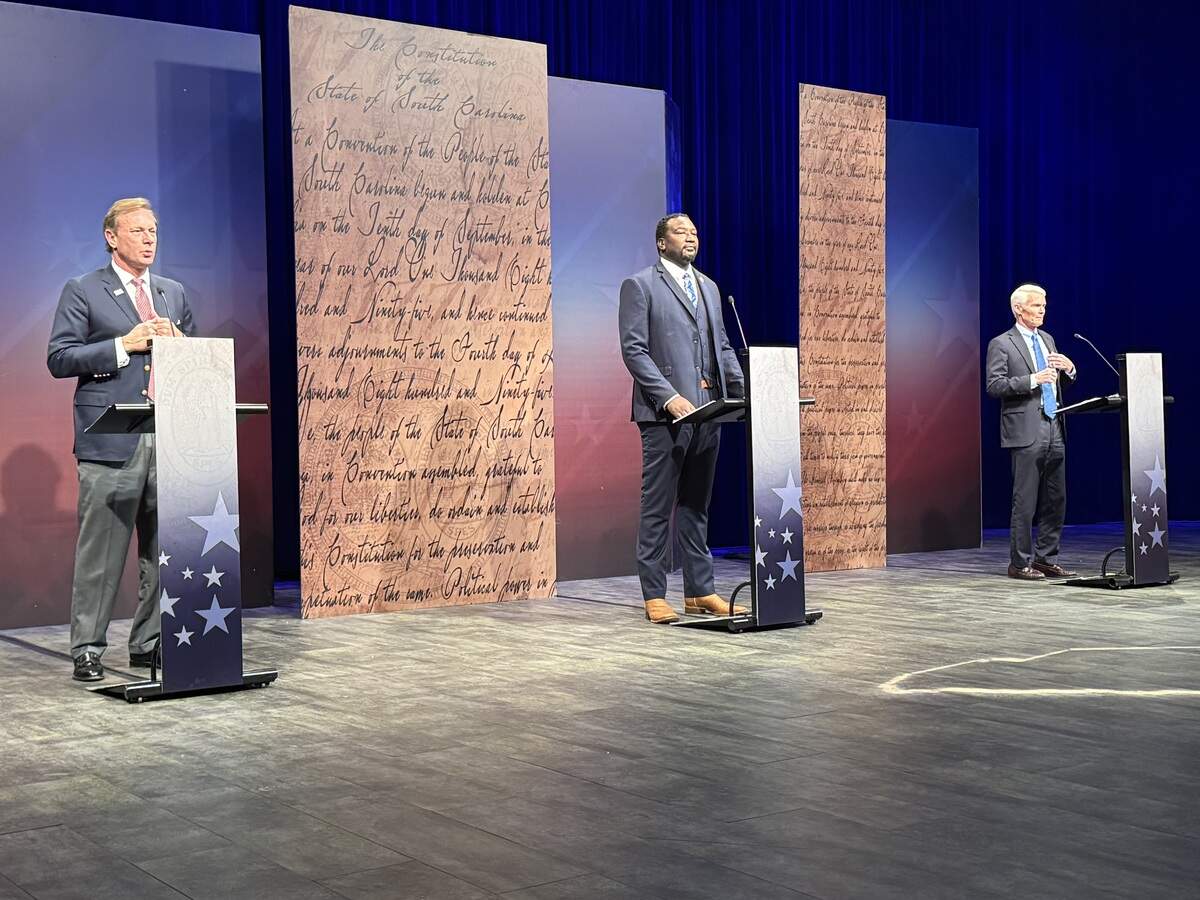 Democratic candidates for governor Charleston attorney Mullins McLeod, state Rep. Jermaine Johnson and Greenville businessman Billy Webster prepare to participate in an SC ETV debate on Wednesday, June 3, 2026.