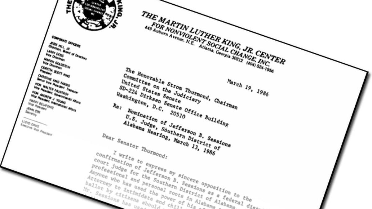 Image of the first page of a 10 page letter by Coretta Scott King to the Senate Judiciary Committee and its chairman Sen. Strom Thurmond (R-SC).