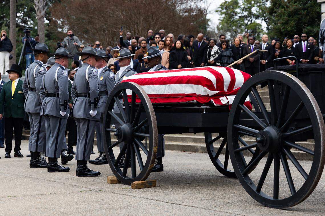 The remains of the late Rev. Jesse Jackson are brought to the South Carolina State House via a caisson on Monday, March 2, 2026.