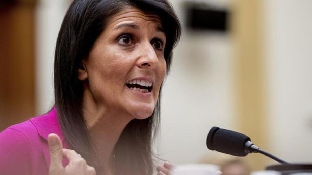 U.S. Ambassador to the UN Nikki Haley testifies on Capitol Hill in Washington, Wednesday, June 28, 2017, before the House Foreign Affairs Committee hearing.