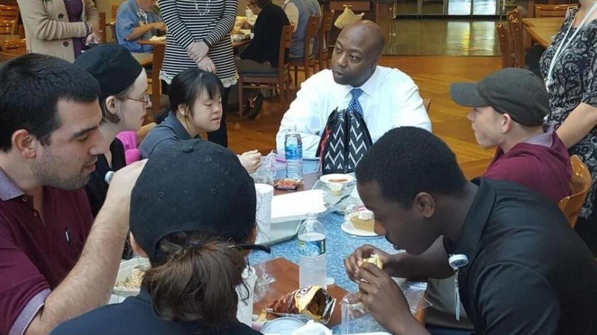 Sen. Tim Scott visited students participating in Project SEARCH, and students who had earned jobs at Spartanburg Regional Medical Center Thursday morning.