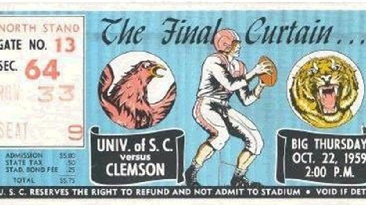 Ticket for last Big Thursday Carolina-Clemson game, 1959.