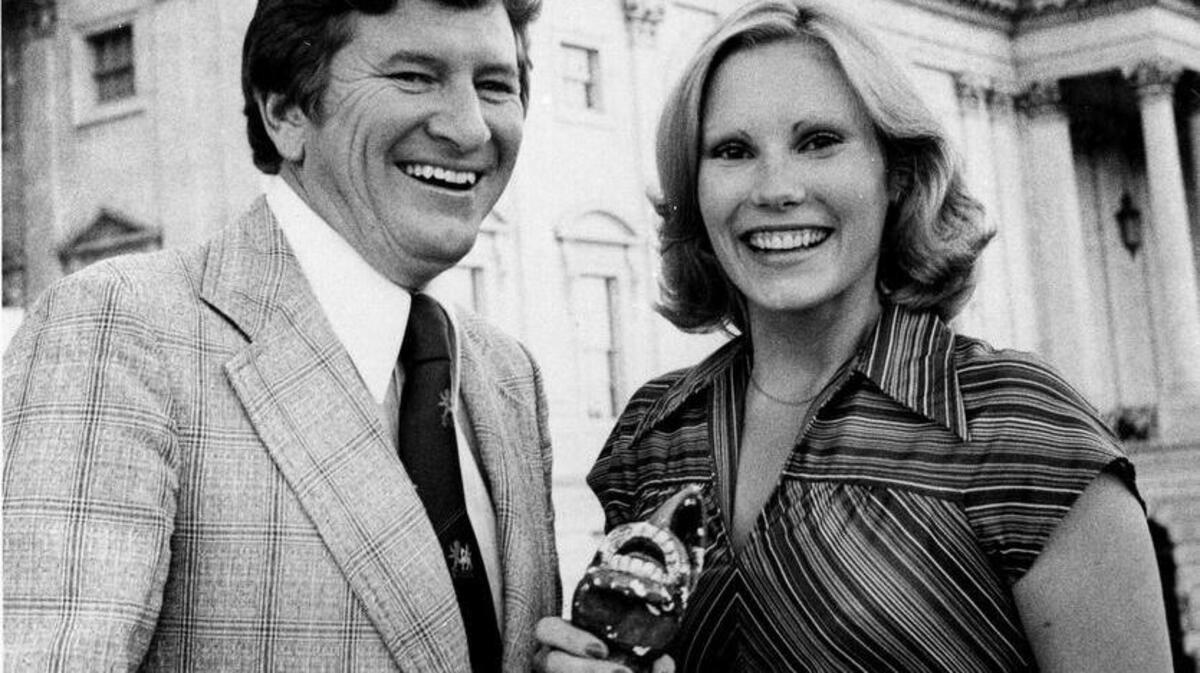Then-Rep. John W. Jenrette Jr., D-S.C. held a glass donkey as he stood with his wife Rita outside the Capitol in Washington, D.C. in1976.