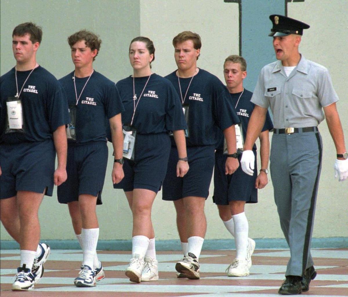 Shannon Faulkner, third from left, marches with other freshman cadets.