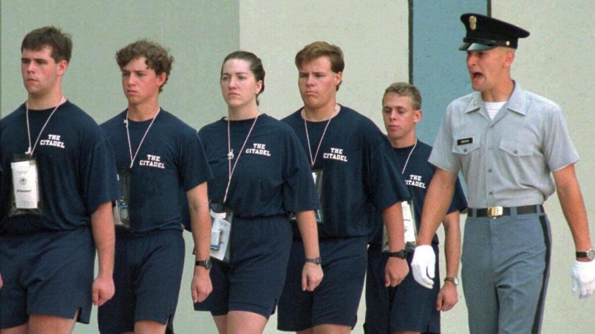 Shannon Faulkner, third from left, marches with other freshman cadets.