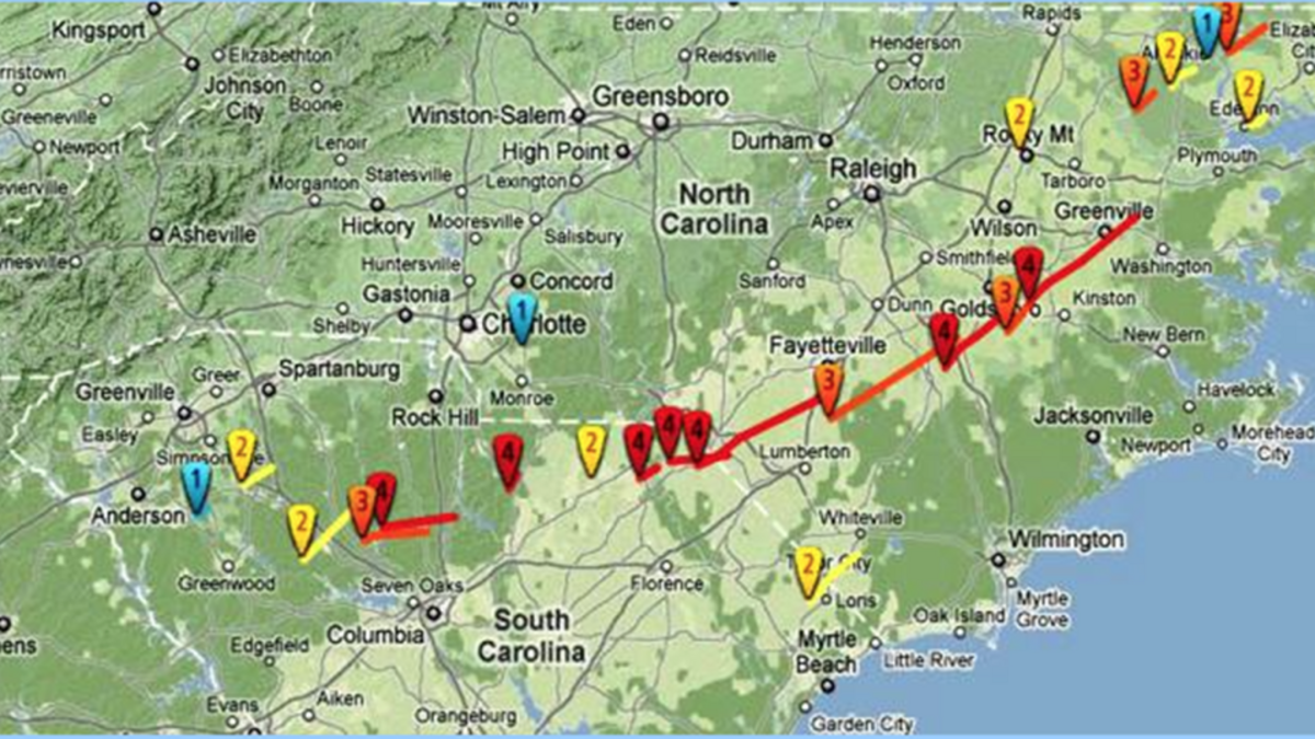 NOAA map of the March 28, 1984 tornado outbreak across North and South Carolina.