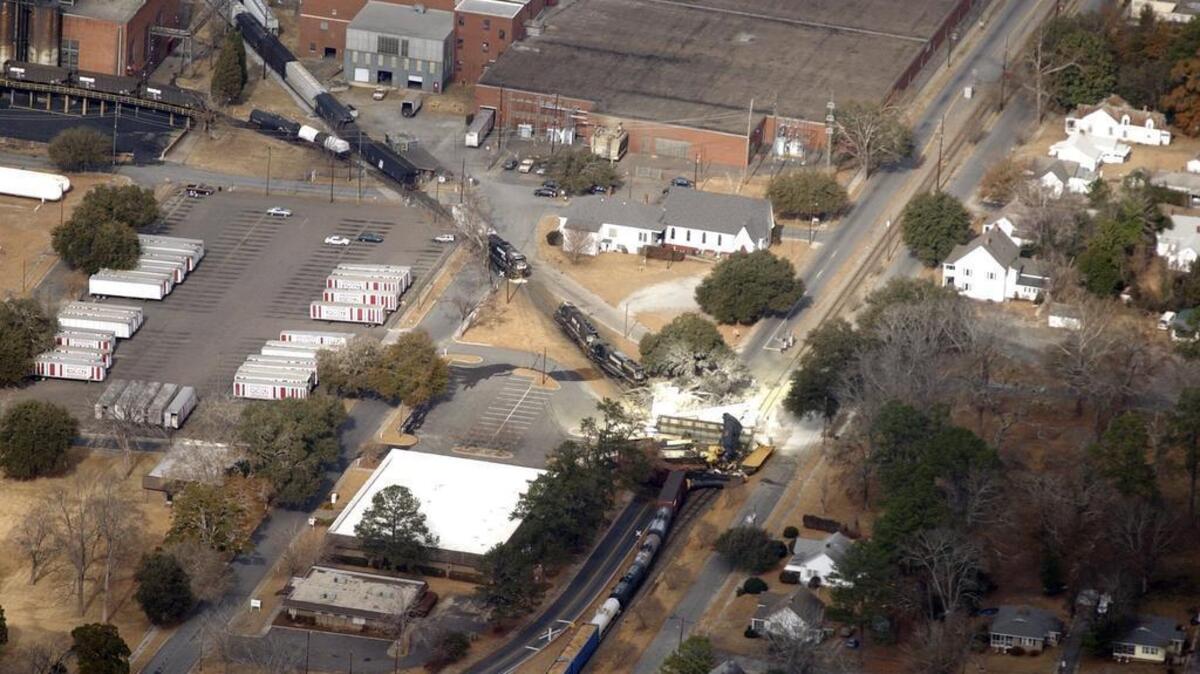 Wreckage from two trains involved in a crash are shown near downtown Graniteville.