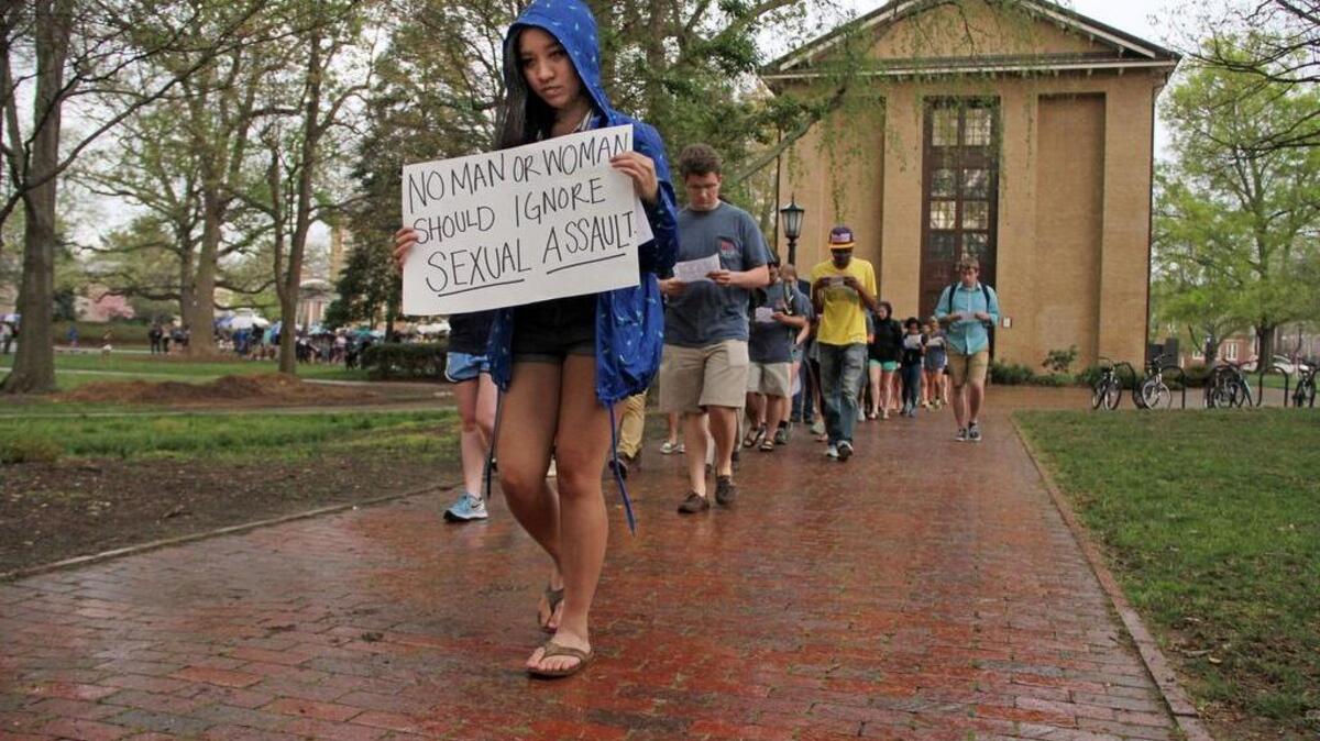 
More than 200 people participated in "Walk a Mile" April 9, 2015, on the UNC campus in Chapel Hill, an event aimed at reducing sexual assault and violence. A recent survey showed that 24.3 percent of undergraduate women experienced some form of unwanted sexual contact during their time as students at the university.
