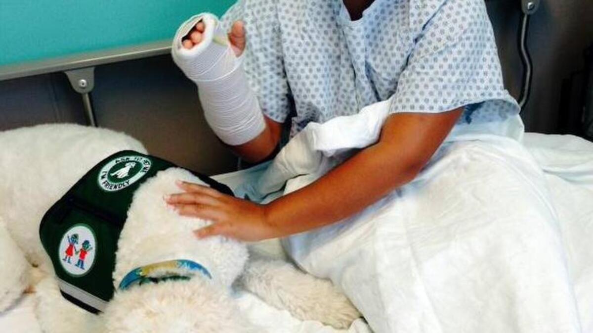 
Meti Kershner, 9, on the road to recovery with a new friend in an Atlanta hospital after suffering an apparent shark bite while playing in the surf on Hilton Head Island on Oct. 9. 
