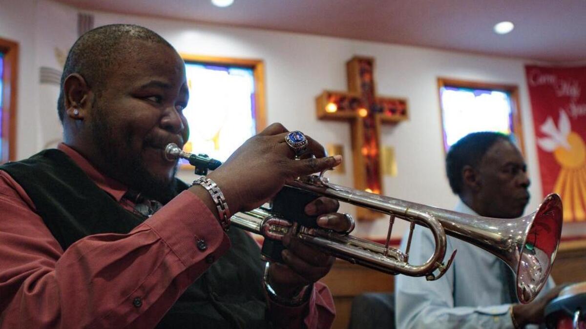 James "Bull" Canty, 37, plays trumpet at Mount Olive AME Church in Myrtle Beach Sunday, December 6, 2015. Canty has just released a CD of holiday songs, which features local talent.