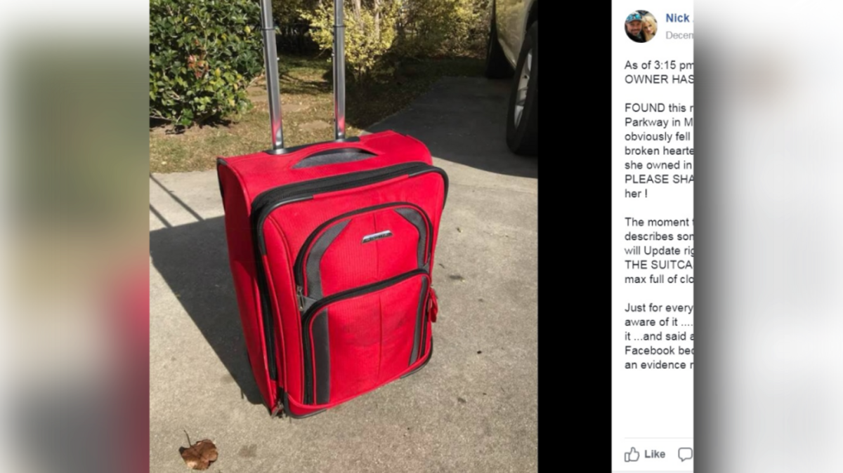 Screenshot of Nick Arditit’s Facebook post, searching for hte owner of the lost red suitcase.