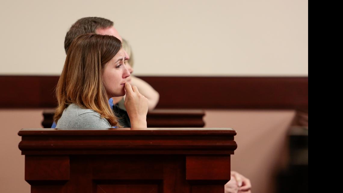 
Megan Green tears up during testimony at a coroners inquest into the cause of death of her son, Daxton Lee Green, a newborn who died Jan. 20 after being taken from Carolina Community Maternity Center shortly after birth to a Charlotte area hospital.
