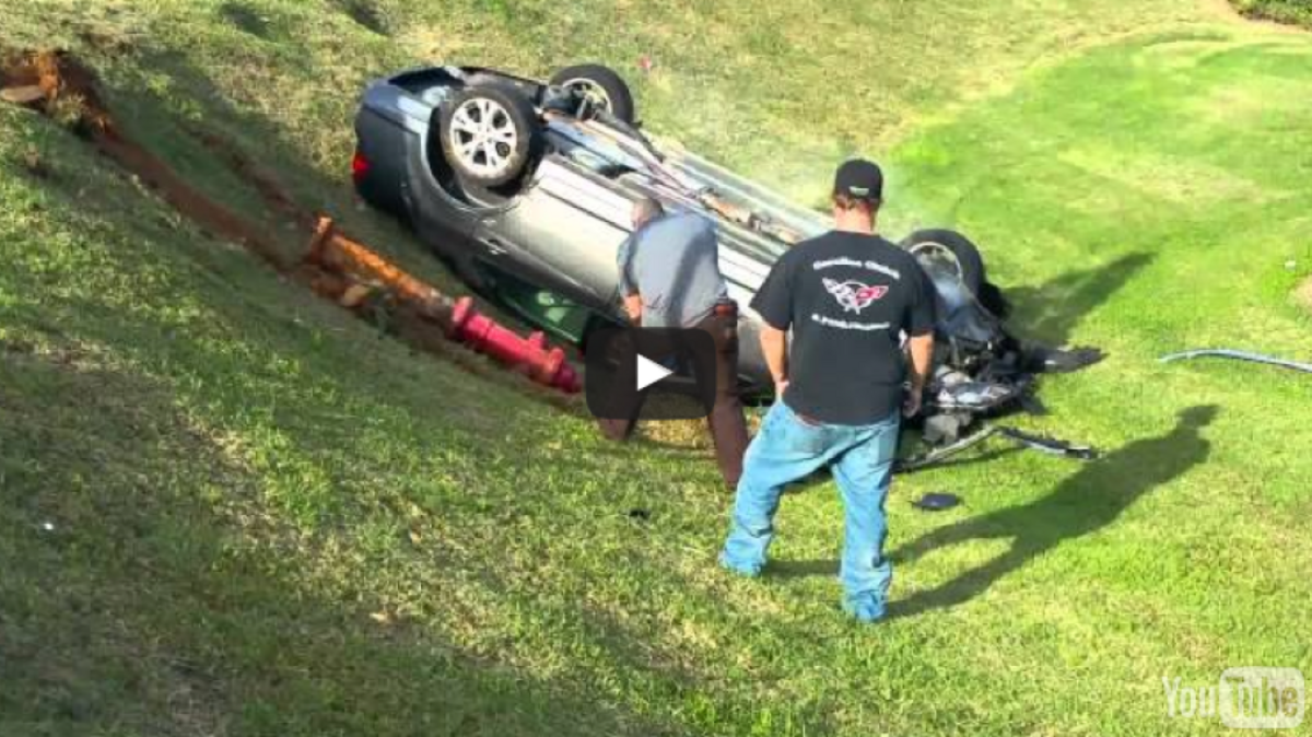
Officers were called about a careless and reckless driver. As they arrived, a woman struck two police cars, two civilian cars, a guy wire and then a fire hire hydrant. Then she drove down a 12-foot embankment, flipping her vehicle.
