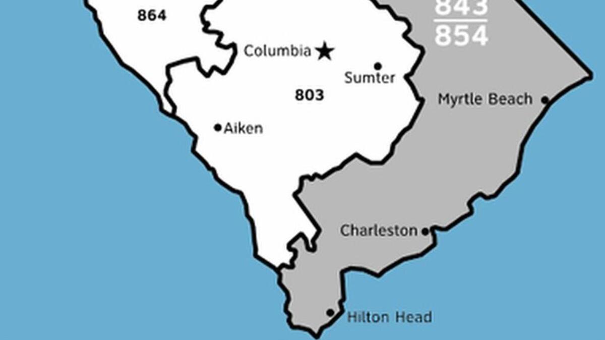
This map shows the overlay of the 854 area code in the entire 843 zone, where dialing 10 digits for each phone number, including the area code, takes effect Sept. 19.
