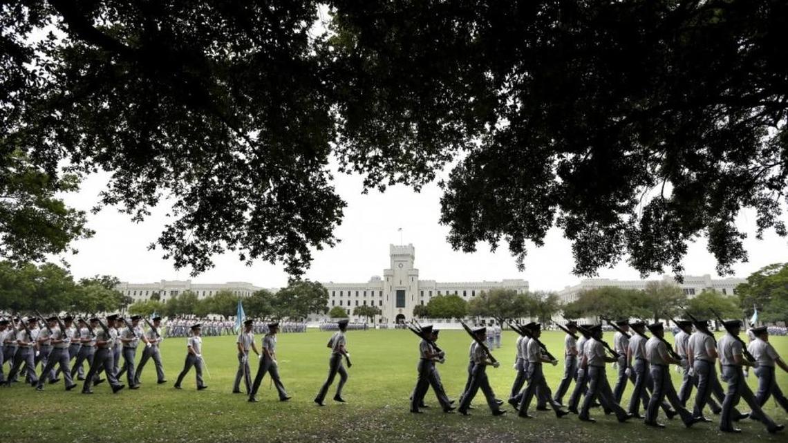 Citadel cadets practice for their weekly parade on the grounds of Summerall Field on the campus of The Citadel in Charleston, S.C.