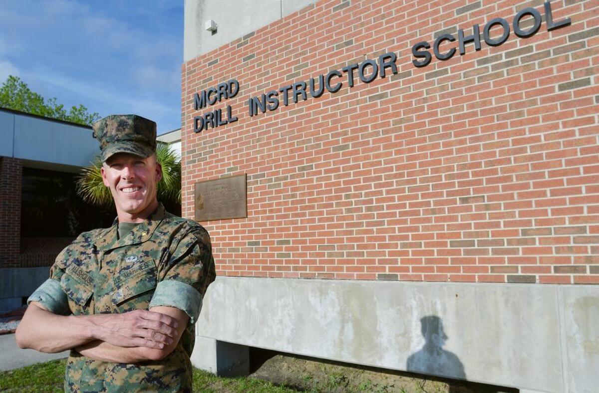 Maj. Steven Allshouse is photographed outside the Marine Corp Recruit Depot Parris Island’s Drill Instructor School on April 19, 2017.