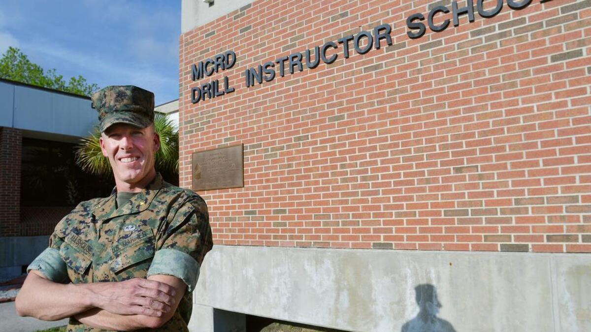 Maj. Steven Allshouse is photographed outside the Marine Corp Recruit Depot Parris Island’s Drill Instructor School on April 19, 2017.