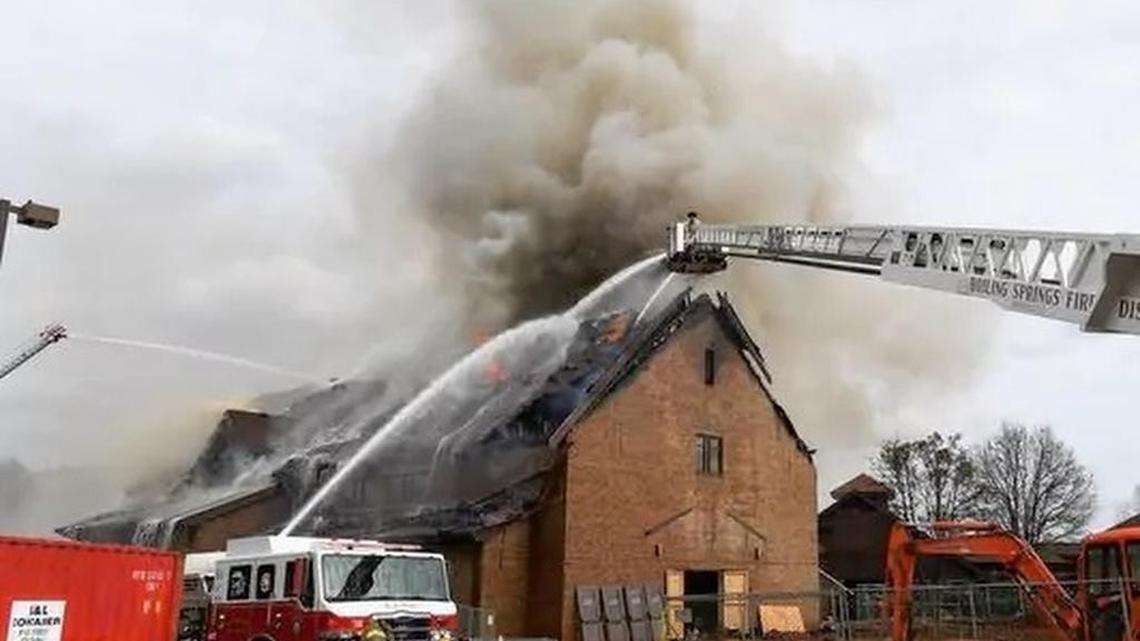 Fire crews fight a fire at Advent United Methodist Church in Simpsonville Wednesday.