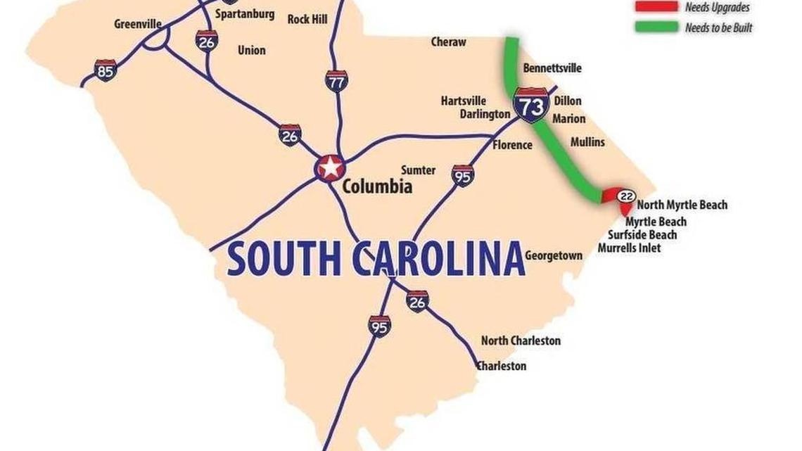 Proposed I-73 route through SC with status of construction National I-73/I-74/I-75 Corridor Association.