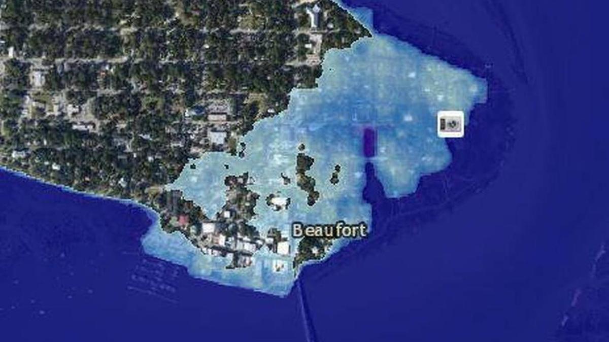 The area of Beaufort that could be flooded with a 6-foot elevation rise.