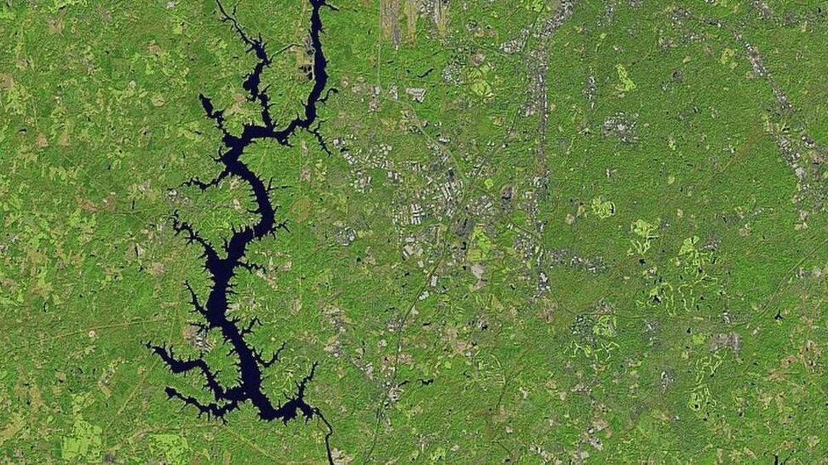 Satellite imagery of Lake Wylie and other lakes in the region shows the impact of lower water due to drought.