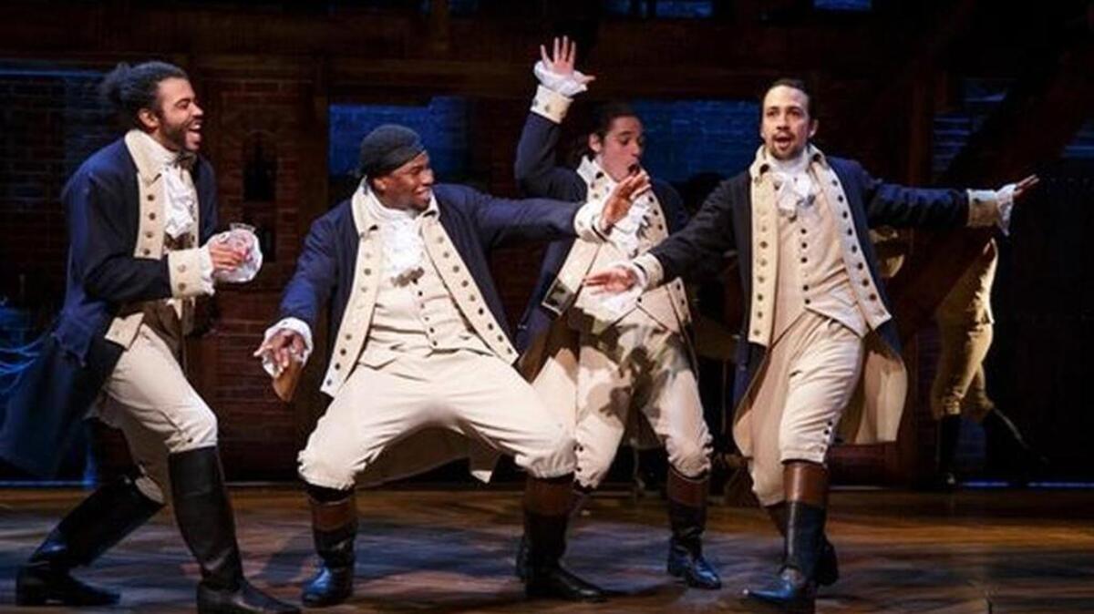 Tickets to Hamilton generally sell out far in advance. This handout photo shows Daveed Diggs, Okieriete Onaodowan, Anthony Ramos and Lin-Manuel Miranda in a scene from the Broadway musical Hamilton at Broadway's Richard Rodgers Theatre.