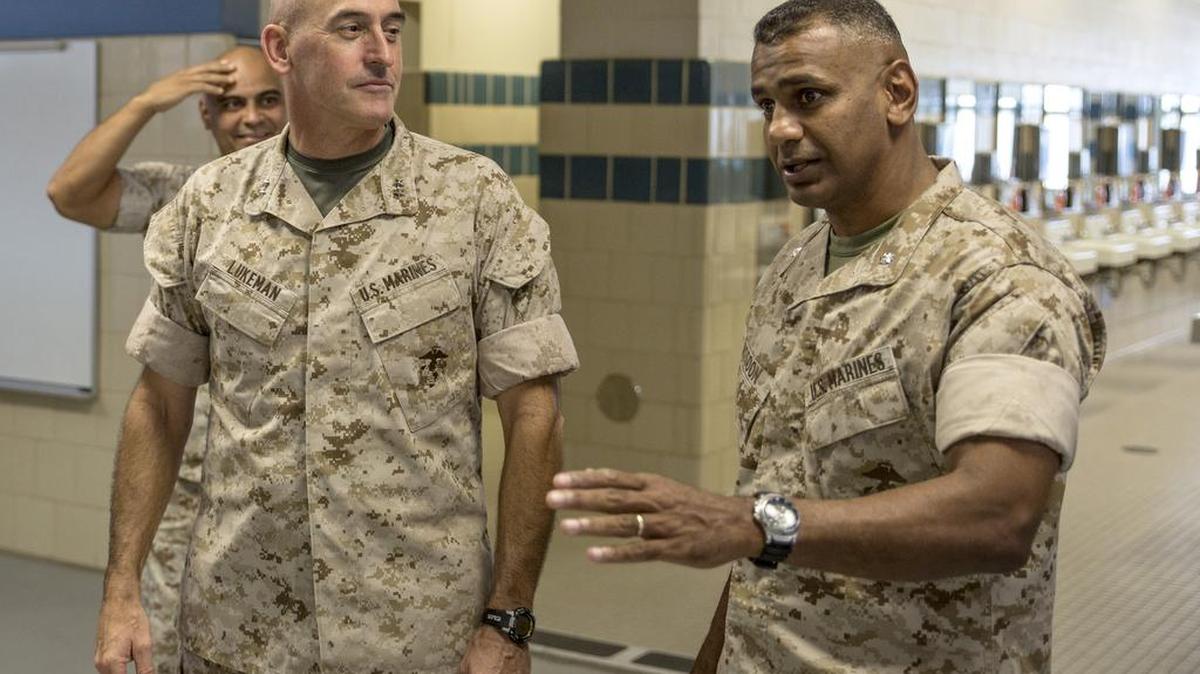 In this file photo, Lt. Col. Joshua Kissoon, right, commanding officer of 3rd Recruit Training Battalion, gives a tour of the 3rd Battalion barracks to Maj. Gen. James Lukeman, the commanding general of Marine Corps Training and Education Command on Oct. 9, 2014, on Marine Corps Recruit Depot Parris Island.