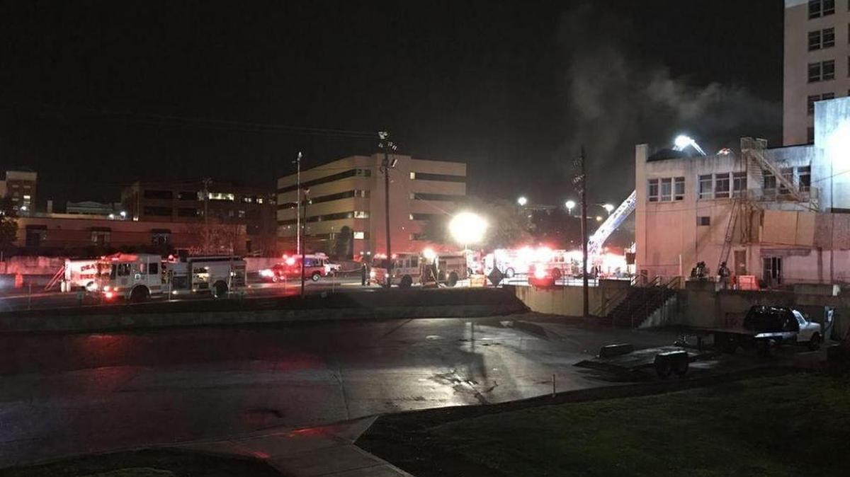 Scene in downtown Spartanburg Saturday night as firefighters fought blaze at the Montgomery Building