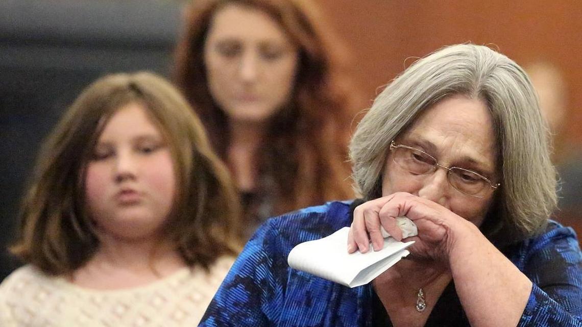 The Pipkins sniffle and wipe tears after asking Resident Judge Steven H. John of the 15th Judicial Circuit to show no mercy in sentencing Randy Robinson at the Horry County Courthouse on Monday. The Pipkins are Angie Pipkin's mother Gail Pipkin (foreground), Angie Pipkin's youngest daughter Gracie Pipkin (center) and Angie Pipkin's oldest daughter Taylor Pipkin. Robinson pleaded guilty to voluntary manslaughter of Angie Pipkin and receives a 40-year sentence. Robinson had been charged with murdering Angie Pipkin in January 2014 at his home off Sullivan Road in Murrells Inlet, dismembering her body and dumping her off a bridge into the Great Pee Dee River in Darlington County. Robinson spoke briefly at the hearing, but did not address Pipkin's family or friends.