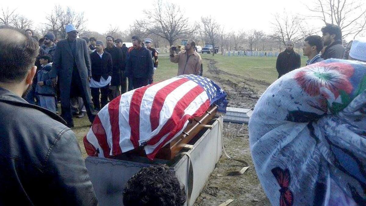 A flag-draped coffin holds the body of former Marine recruit Raheel Siddiqui at his funeral on March 25, 2016, in Detroit. Siddiqui, a Taylor, Mich., native, died March 18, 2016, during recruit training on Parris Island.