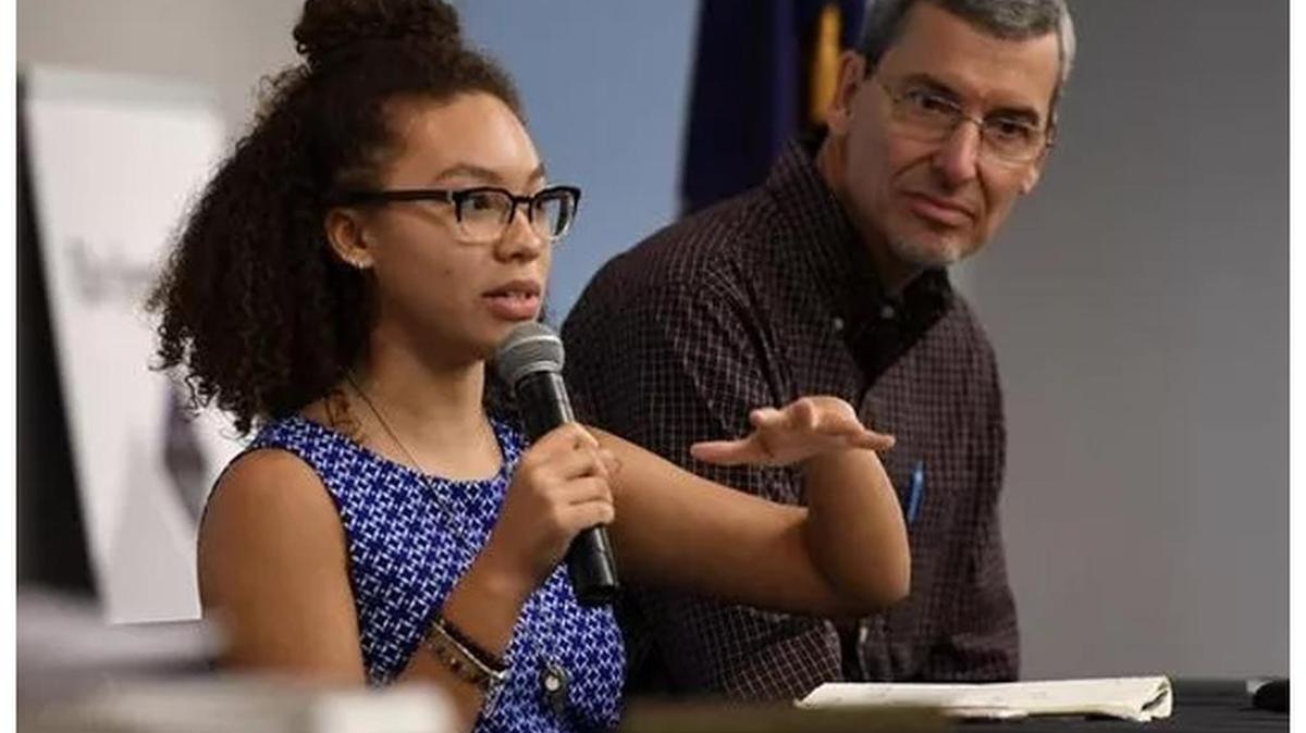 Asha Marie, who is a Fine Arts Center and Wade Hampton High student, speaks during the Greenville News Community Forum What's in a name" Thursday at the Greenville Co. Library. Marie has started a petition to change the name of Wade Hampton High.