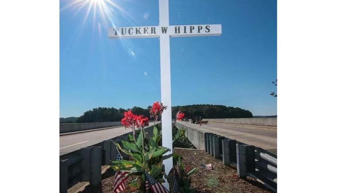 A memorial stands for Tucker Hipps, who died in Sept. 22, 2014, after a fall off the S.C. 93 bridge over Hartwell Lake near Clemson University.