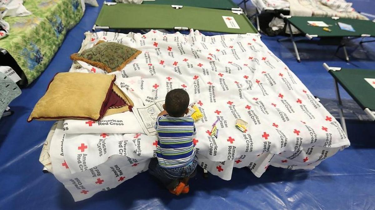 Elijah Weaver kneels at his cot to color in a donated coloring book with donated crayons at the James R. Frazier Community Center in the Bucksport community on Thursday, Oct. 20, 2016. Four generations of Weavers are staying at the shelter after the family home was flooded off Ole Bellamy Drive. More than 80 people stayed at the shelter Wednesday night. Several areas in the community are still covered in water as some homes are unsafe to go in with the receding water leaving mold behind.