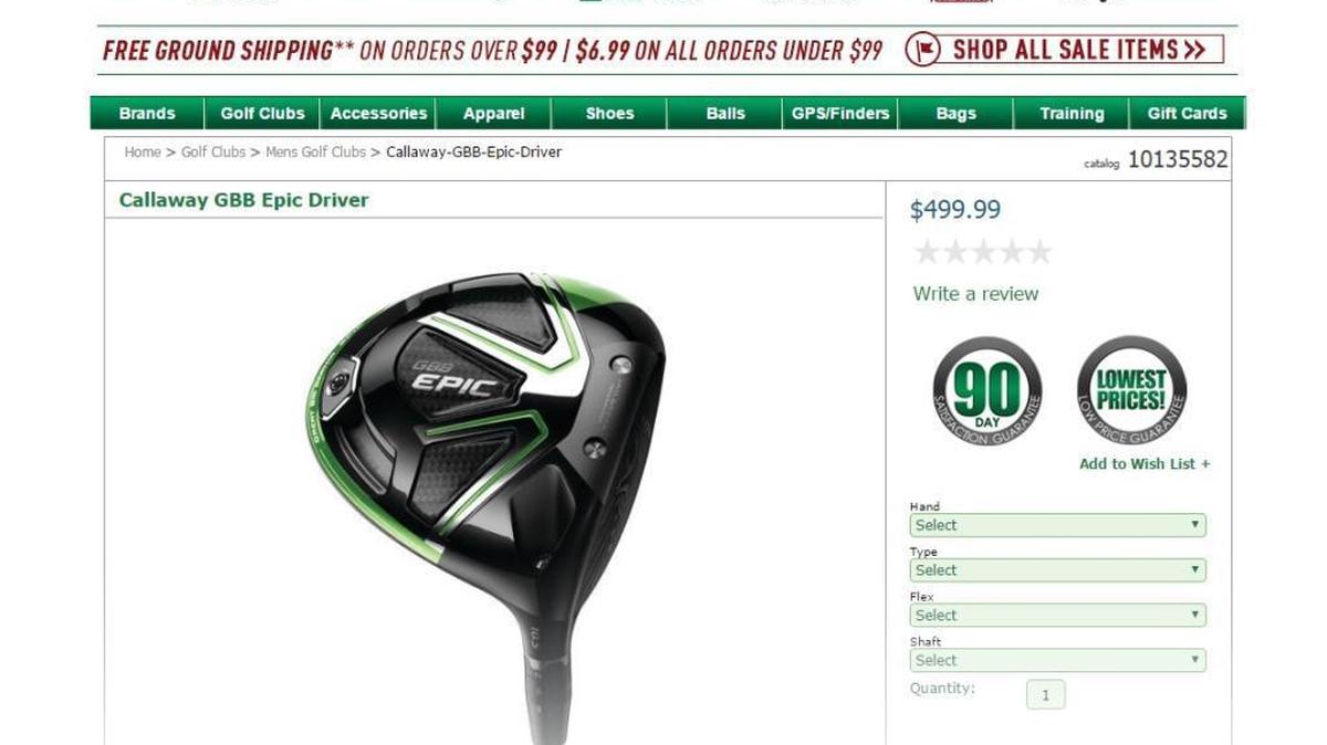 Screenshot of Edwin Watts Golf’s website showing details of the Callaway Great Big Bertha Epic driver.