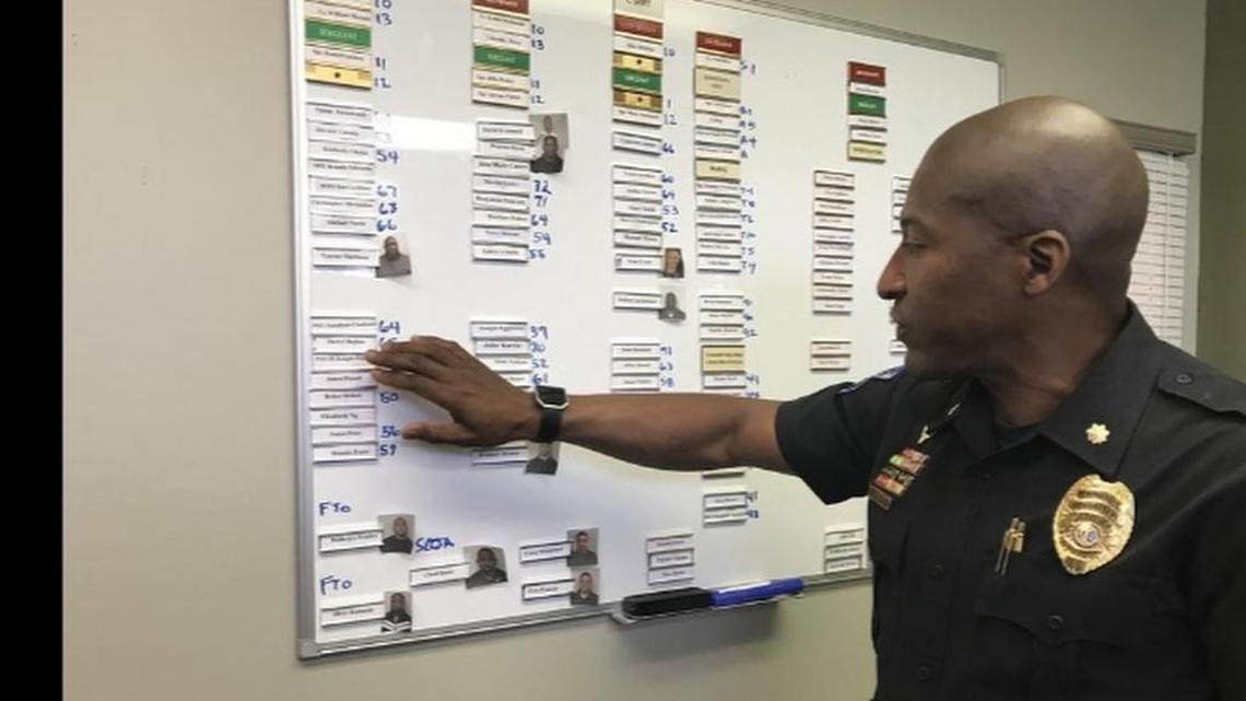 Maj. Art Littlejohn of the Spartanburg Police Department sorts through the roster of officers inside his office which he uses to figure out scheduling.