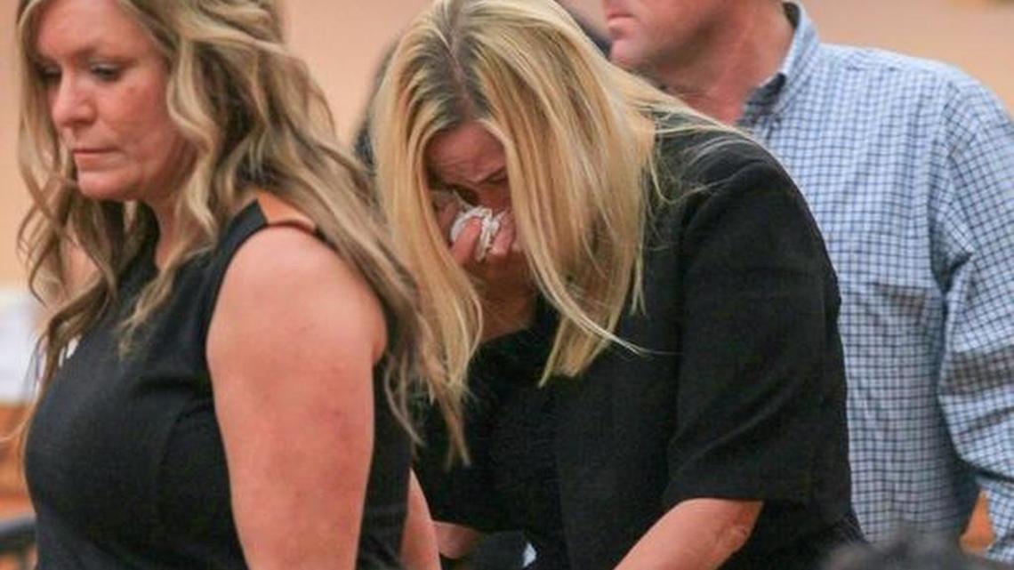 Tiffany Osborne, center, mother of the 14-year-old suspect in Wednesday’s Townville Elementary School shooting, walks in with family before her son’s detention hearing Friday at the Anderson County Courthouse in Anderson.