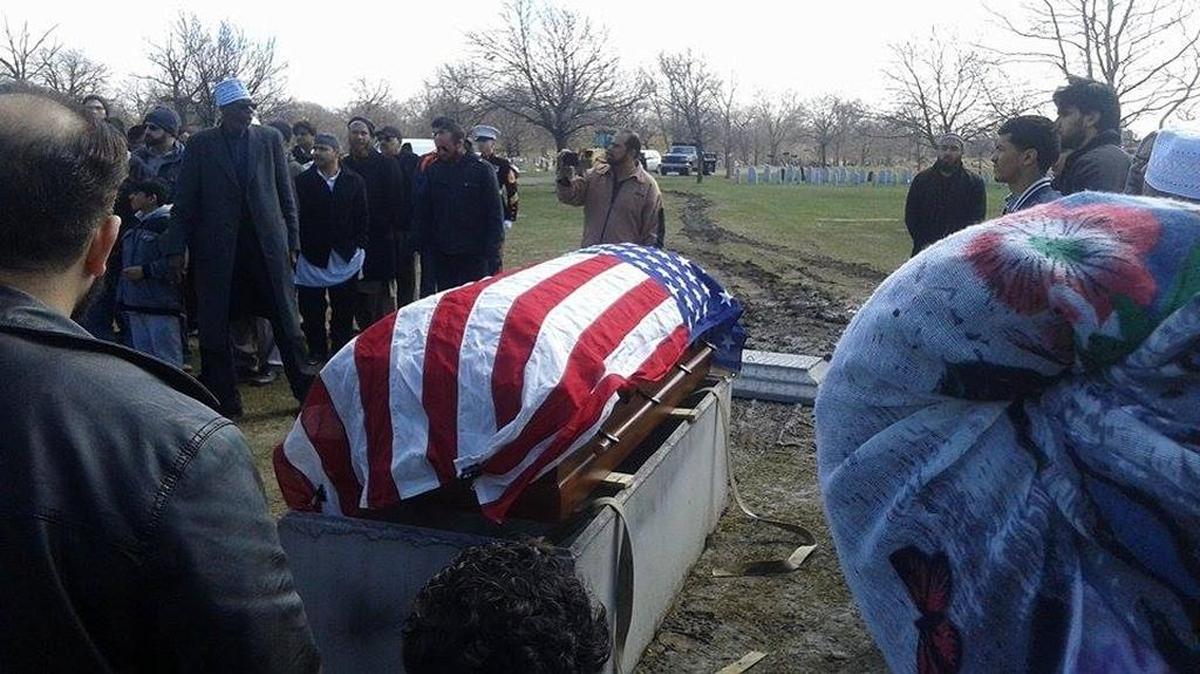 The flag-draped casket containing the body of former Marine recruit Raheel Siddiqui is shown at a funeral service on March 25, 2016, near Taylor, Mich., Siddiqui’s hometown.