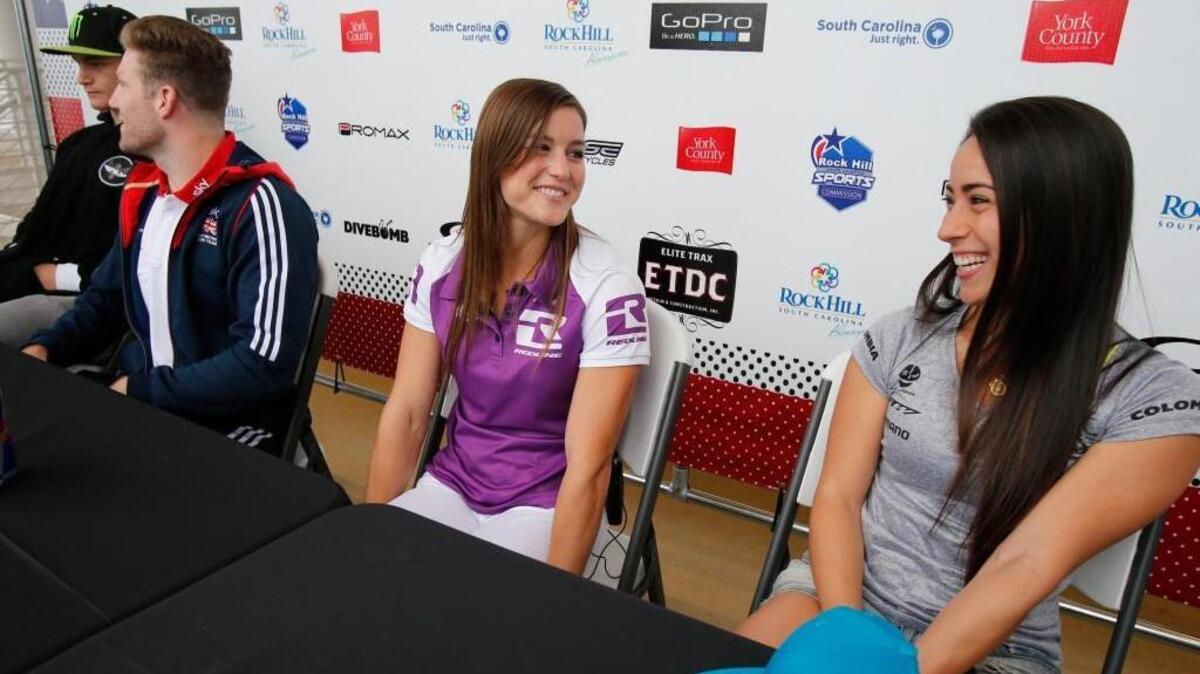 
Four elite BMX riders, from left, Conner Fields-USA, Liam Phillips-Great Britan, Alise Post-USA and Mariana Pajon-Colombia speak at a media event Thursday to talk about the UCI BMX Supercross World Cup Finals Friday and Saturday in Rock Hill.
