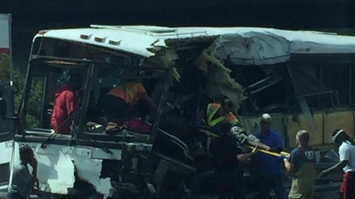 A wreck involving a charter bus killed at least two people and injured dozens from a football squad of South Carolina players and closed US 74/I-74 in Richmond County on Saturday afternoon, according to media reports. The crash happened around 2:35 p.m. near N.C. 177, which is exit 316, according to the NC DOT and the Richmond County Daily Journal. Photo used with permission from the Daily Journal.