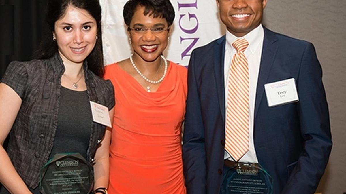 Nazanin Zinouri (on left) and Morris Lee (on right) were the 2016 Janine Anthony Bowen '89 Industrial Engineering Endowment award winners.