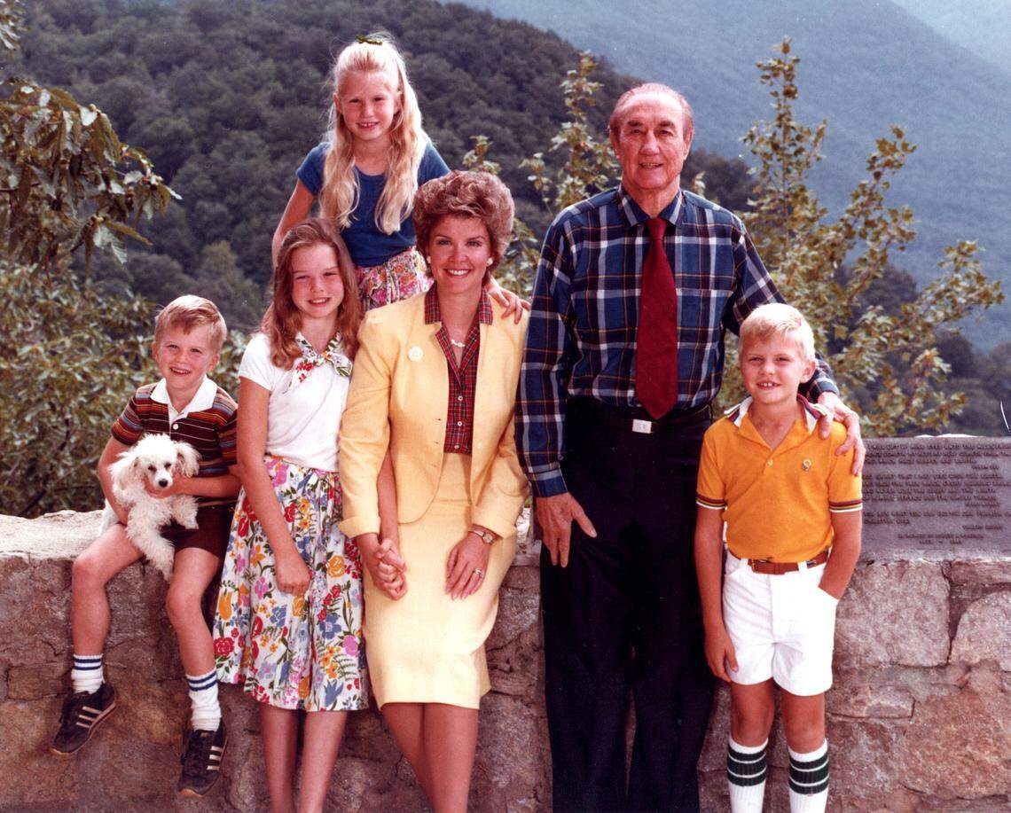 The Strong Thurmond Family - Paul (5), holding Sunshine, Nancy Moore (10), Julie (7), Nancy, Strom and Strom Jr. (8), at Camp Greenville's Fred W. Symmes Chapel, better known as "Pretty Place" in Upper Greenville County, South Carolina in August, 1981.