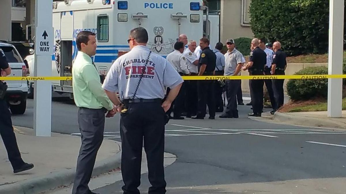 
Charlotte law officials and emergency personnel roped off a confined area of CMC. 
