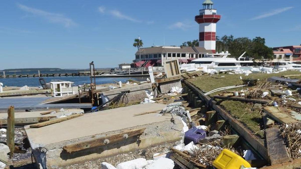 The wrath of Hurricane Matthew: The iconic Harbour Town Lighthouse rises above the rubble left by Hurricane Matthew in this photo taken on Oct. 10, 2016. Matthew hit Hilton Head as a Category 2 storm in the early morning hours of Oct. 8, 2016.