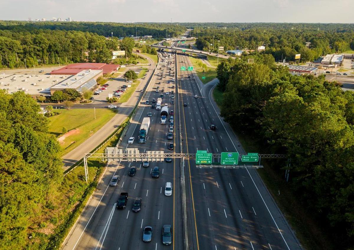 Left, I-26 traffic travels from Columbia, at right traffic travels towards the Bush River Road exit and towards I-126. State transportation officials are looking at two options with slightly different designs to improve traffic flow where I-20 and I-26 meet.