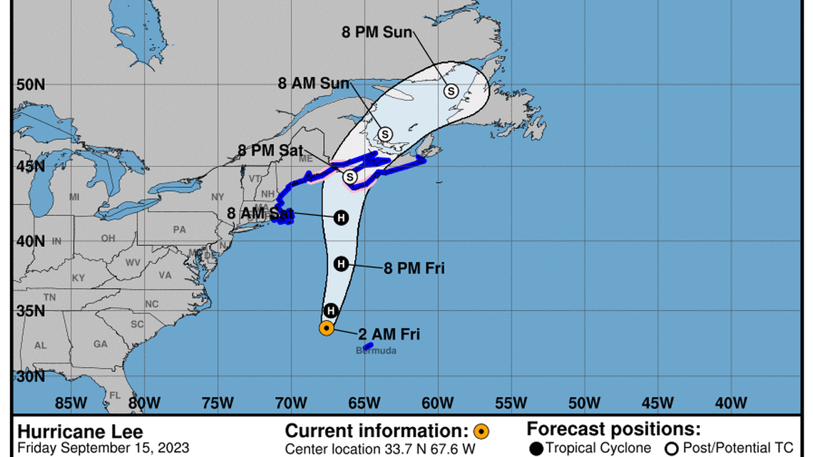 Lee no longer forecast to be a Category 2 hurricane. It weakened to a Category 1 hurricane on Thursday
