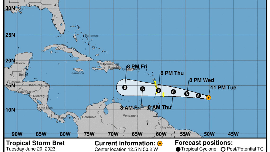 Tropical Storm Bret: ‘... the center of Bret is expected move across portions of the Lesser Antilles Thursday afternoon and Thursday night, and then move across the eastern Caribbean Sea on Friday’