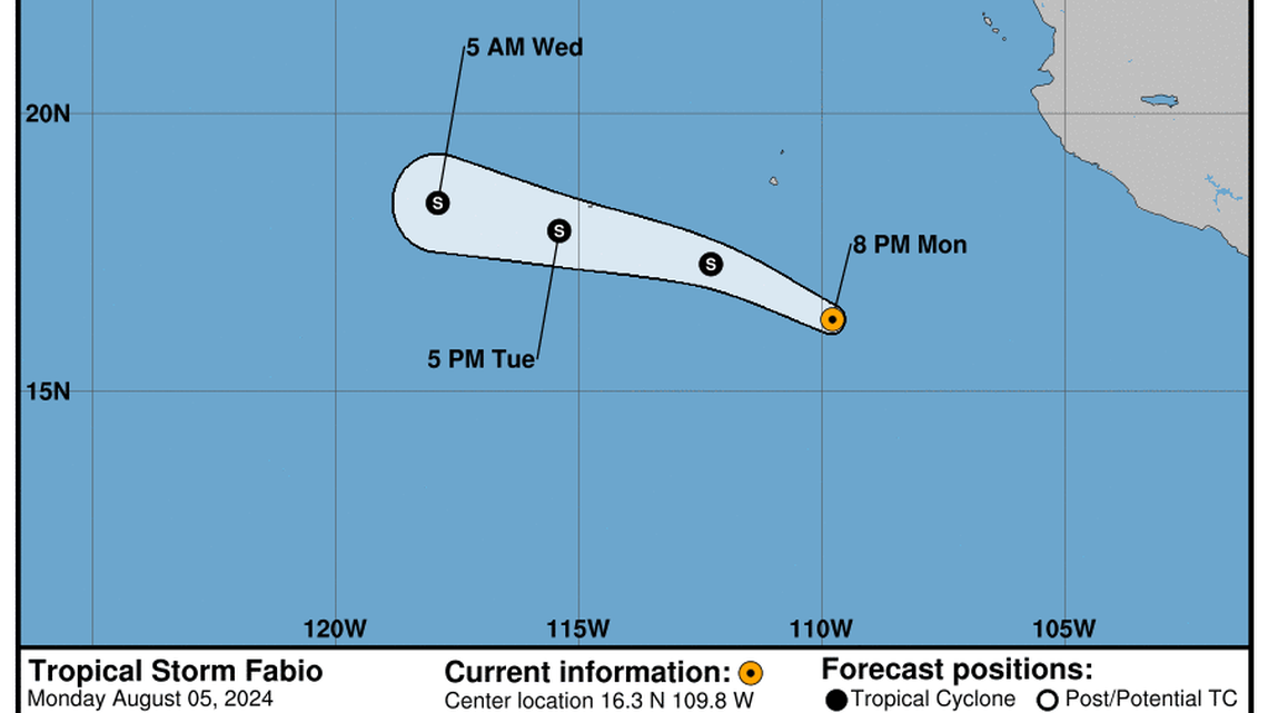 Latest update from the NHC on Tropical Storm Fabio for Monday, Aug 5