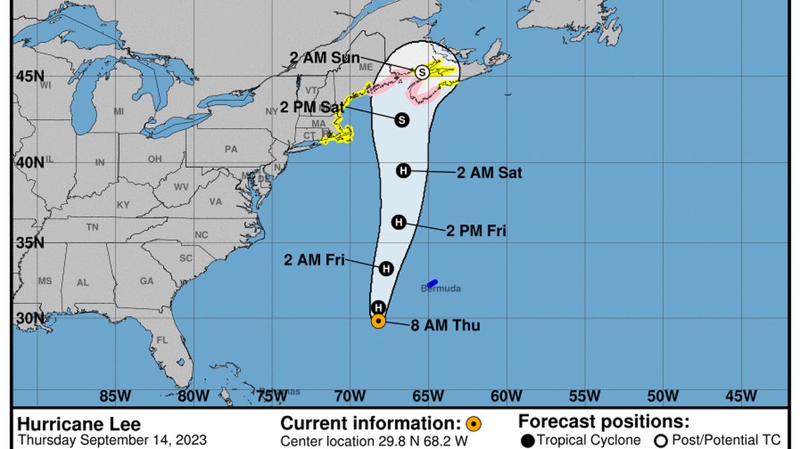 Category 2 Hurricane Lee updates from the National Hurricane Center for Thursday, Sep 14
