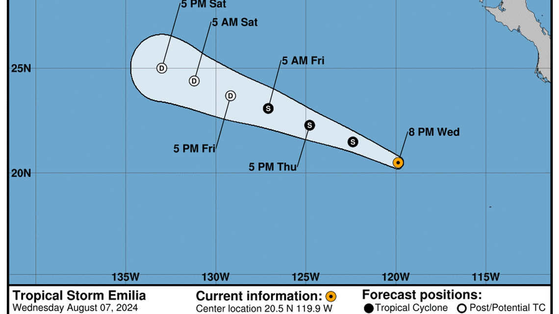 Wednesday, Aug 7 update from the NHC: Latest on Tropical Storm Emilia